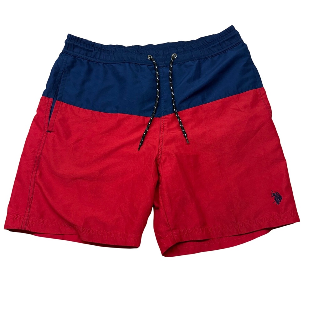 US Polo Assn Mens Swim Trunks Red Navy Blue Colorblock Drawstring Shorts Medium